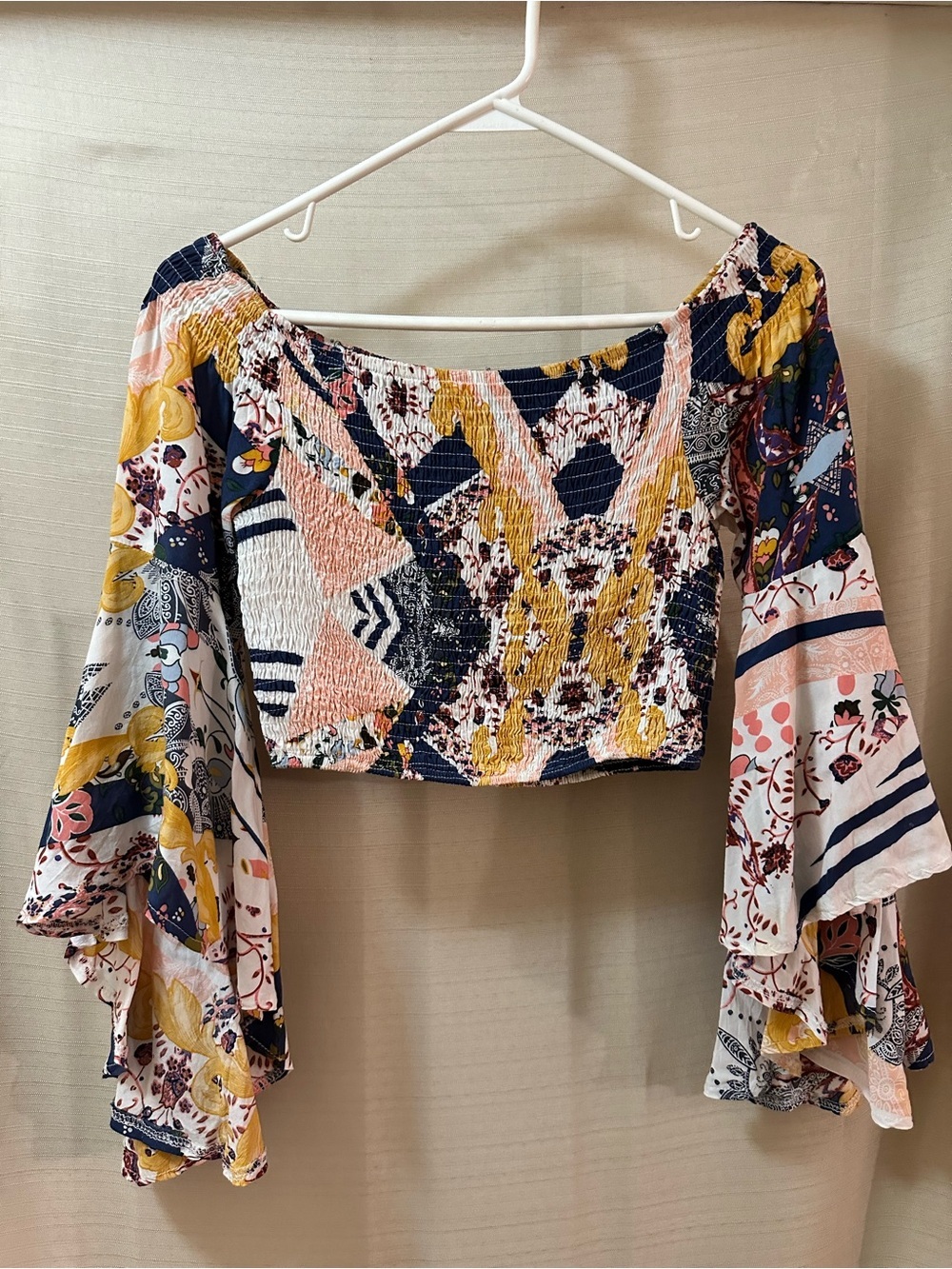 Jaase Boho Off Shoulder Smocked Crop Top Bell Sleeve Festival Blouse Medium